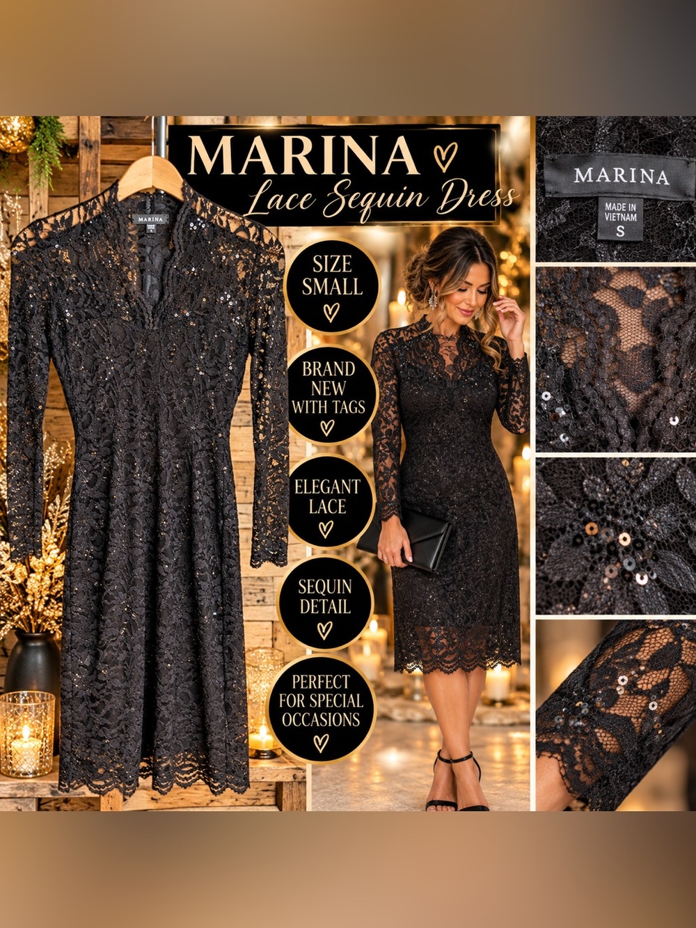 Marina Black Lace Sequin Dress - Elegant Long Sleeve Cocktail Dress